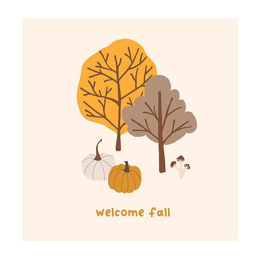 Autumn mood greeting card with cute trees, pumpkins poster. Welcome fall season thanksgiving invitation. Minimalist postcard nature. Vector illustration in flat cartoon style