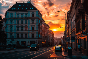 City road at dusk. Prague, Czech Republic