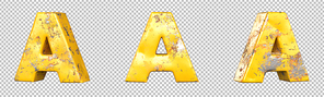 Letter A from alphabet set of metallic yellow grunge letters. Isolated. 3D Rendering