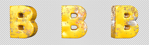 Letter B from alphabet set of metallic yellow grunge letters. Isolated. 3D Rendering