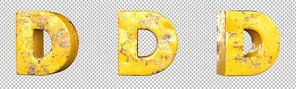 Letter D from alphabet set of metallic yellow grunge letters. Isolated. 3D Rendering