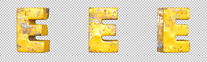 Letter E from alphabet set of metallic yellow grunge letters. Isolated. 3D Rendering