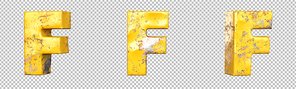 Letter F from alphabet set of metallic yellow grunge letters. Isolated. 3D Rendering