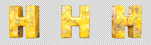 Letter H from alphabet set of metallic yellow grunge letters. Isolated. 3D Rendering