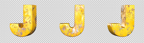 Letter J from alphabet set of metallic yellow grunge letters. Isolated. 3D Rendering