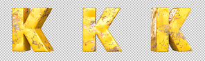 Letter K from alphabet set of metallic yellow grunge letters. Isolated. 3D Rendering