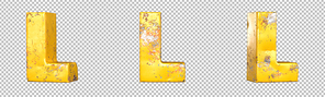 Letter L from alphabet set of metallic yellow grunge letters. Isolated. 3D Rendering