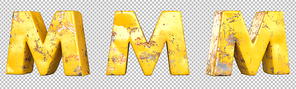 Letter M from alphabet set of metallic yellow grunge letters. Isolated. 3D Rendering