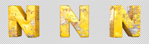 Letter N from alphabet set of metallic yellow grunge letters. Isolated. 3D Rendering