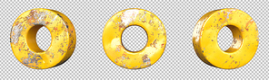 Letter O from alphabet set of metallic yellow grunge letters. Isolated. 3D Rendering