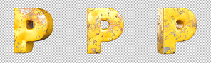 Letter P from alphabet set of metallic yellow grunge letters. Isolated. 3D Rendering