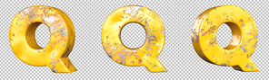 Letter Q from alphabet set of metallic yellow grunge letters. Isolated. 3D Rendering