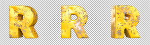 Letter R from alphabet set of metallic yellow grunge letters. Isolated. 3D Rendering