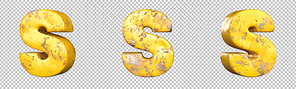 Letter S from alphabet set of metallic yellow grunge letters. Isolated. 3D Rendering