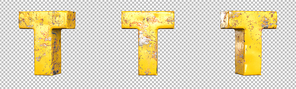 Letter T from alphabet set of metallic yellow grunge letters. Isolated. 3D Rendering