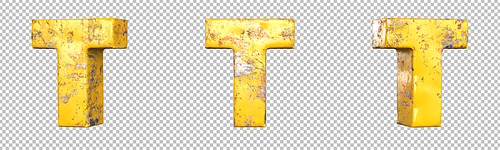 Letter T from alphabet set of metallic yellow grunge letters. Isolated. 3D Rendering