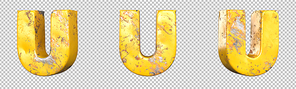 Letter U from alphabet set of metallic yellow grunge letters. Isolated. 3D Rendering