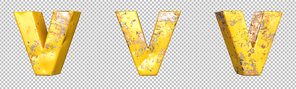 Letter V from alphabet set of metallic yellow grunge letters. Isolated. 3D Rendering