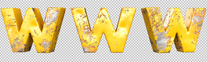 Letter W from alphabet set of metallic yellow grunge letters. Isolated. 3D Rendering