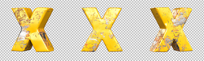 Letter X from alphabet set of metallic yellow grunge letters. Isolated. 3D Rendering