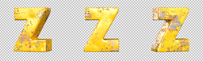 Letter Z from alphabet set of metallic yellow grunge letters. Isolated. 3D Rendering