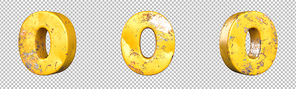 Number 0 (zero) from a set of metallic yellow grunge numbers. Isolated. 3D Rendering