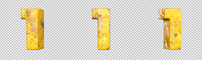 Number 1 (one) from a set of metallic yellow grunge numbers. Isolated. 3D Rendering