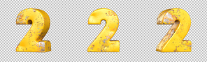 Number 2 (two) from a set of metallic yellow grunge numbers. Isolated. 3D Rendering