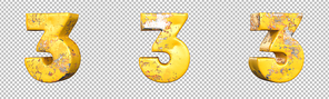 Number 3 (three) from a set of metallic yellow grunge numbers. Isolated. 3D Rendering