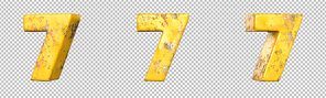 Number 7 (seven) from a set of metallic yellow grunge numbers. Isolated. 3D Rendering