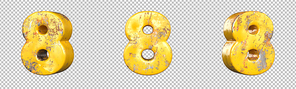 Number 8 (eight) from a set of metallic yellow grunge numbers. Isolated. 3D Rendering