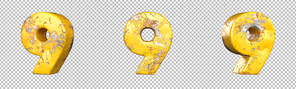 Number 9 (nine) from a set of metallic yellow grunge numbers. Isolated. 3D Rendering