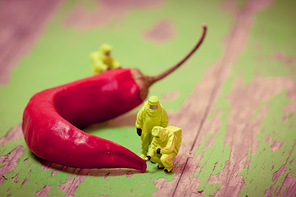 Group of people in protective suit inspecting chili pepper. Macro photography