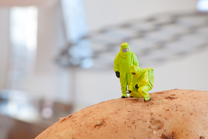 Group of Researchers in protective suit inspecting a potato. Genetically modified food concept