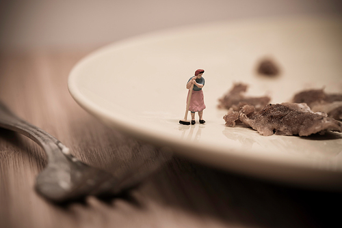 Miniature Housemaid Washing Dishes. Macro photo.