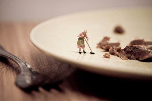Miniature housewife washing dirty dish. Macro photo.