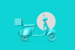 Side view of vintage teal scooter on teal background. 3D Rendering