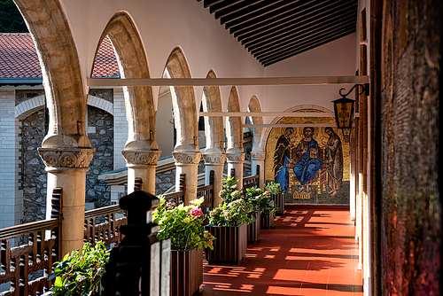 The long hall of the medieval Kykkos Monastery at Troodos mountains. Nicosia District, Cyprus
