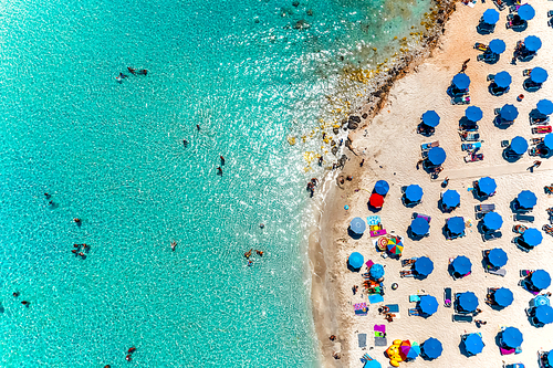 Aerial overhead view of popular Nissi bay beach. Famagusta District, cyprus