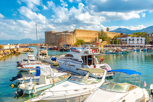Old harbour and Kyrenia medieval castle (Girne Kalesi), northern coast of Cyprus.