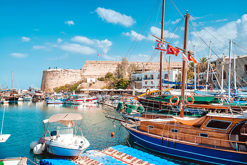 Ships and cruise boats at the harbour of Kyrenia, Cyprus.