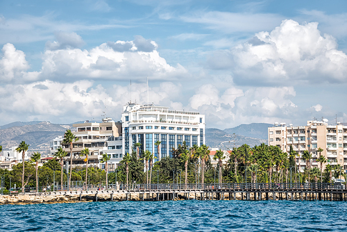 Scenic view of the Limassol waterfront from the sea. Cyprus.