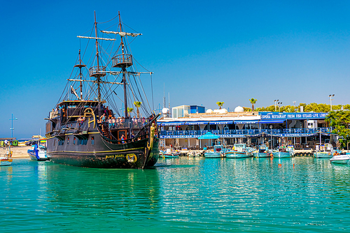 AYIA NAPA, CYPRUS - August 08, 2018: Tourist 'Pirate ship' in harbour of Ayia Napa