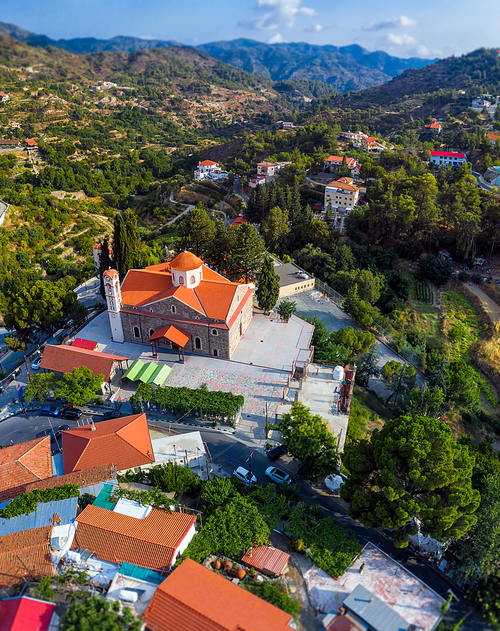 Panoramic view of Agros village in Cyprus with a local church