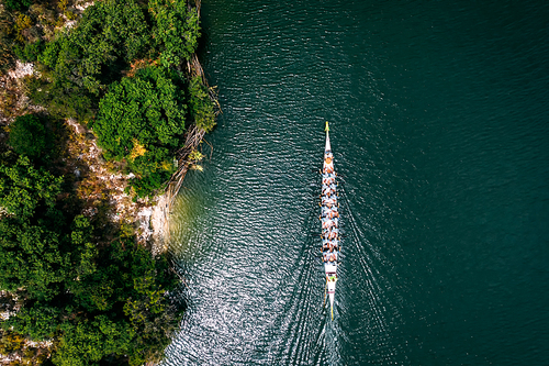 Overhead view of dragonboat on the lake