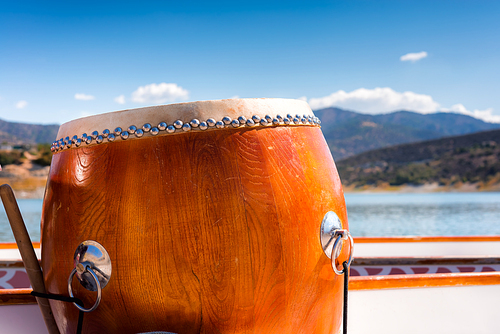 Wooden drum on a dragon boat, closeup