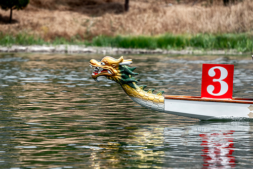Prow of Traditional Chinese Dragon Boat on a river