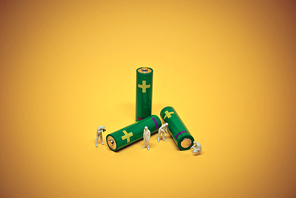 Alcaline battery utilisation. Battery recycling concept. Macro photo.