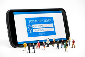 Group of people watching at social network sign in page on smartphone. Macro photo