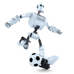 3D Robot playing football. Isolated over white. Contains clipping path